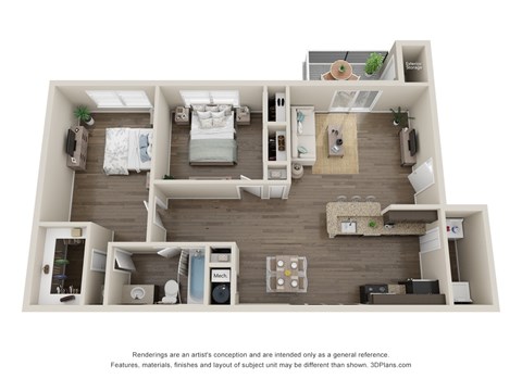 Floor plan for 2 beds, 1 bath, 911 sqft